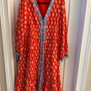 J. Crew Red Floral Button-Front Maxi Dress with Blue Trim, size 14
